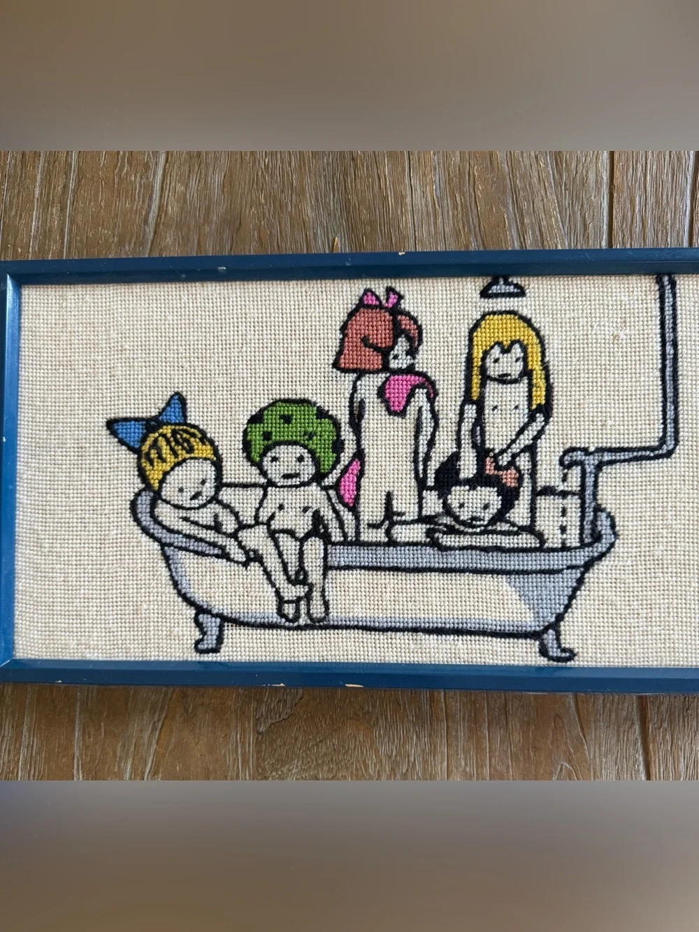 Vintage 70s/80s Kids Bathing Bathtub Needlepoint Framed Funny Cute Nostalgia